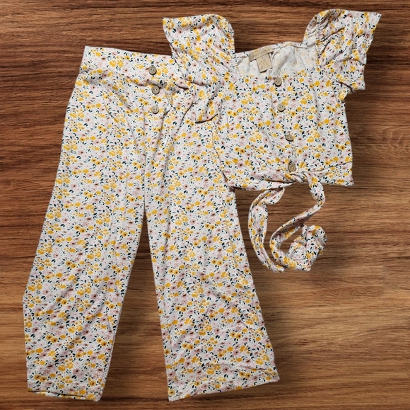 Sweet Stories Yellow Floral Pant Set with Cropped Shirt- Girls Size 5 - Picture 1 of 8